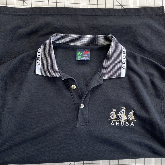 Aruba black golf polo shirt, short sleeves, white contrast on collar and sleeves - Picture 7 of 8